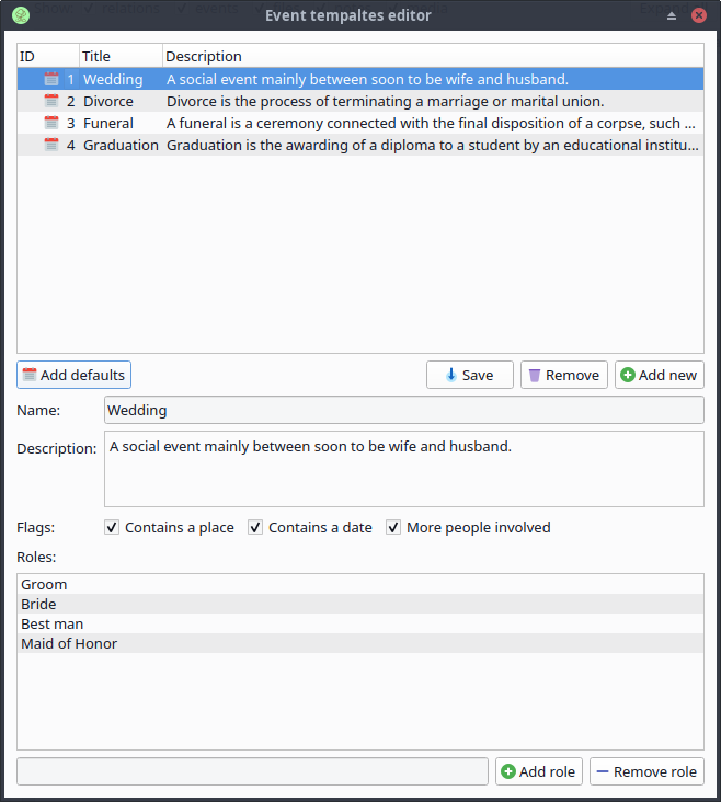 Event templates dialog